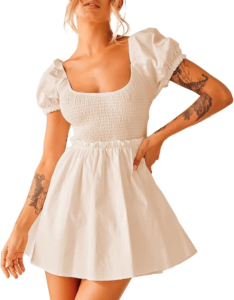 Women's Casual Square Neck Puff Short Sleeve Dress Bubble Sleeve A