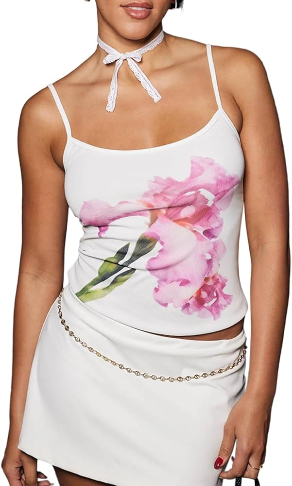 Women Y2k Floral Print Camisole Flower Spaghetti Strap Tank Top