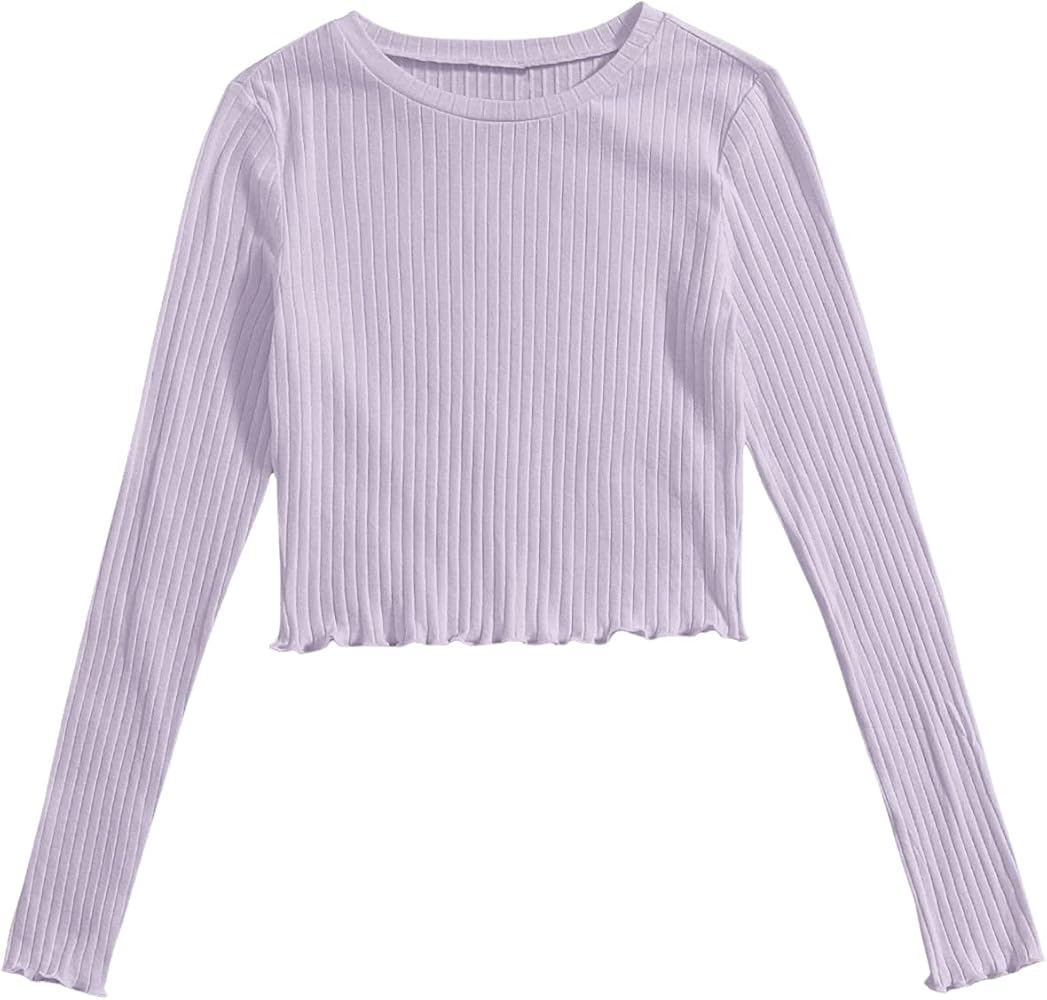 SweatyRocks Women's Long Sleeve Crop Top Ribbed Knit Lettuce Trim