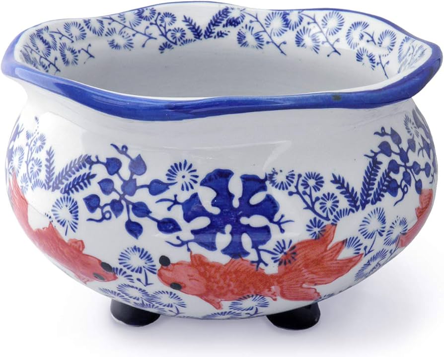 Amazon.co.jp: 金魚鉢 陶器 おしゃれ[染付 赤絵 金魚柄 アジアン
