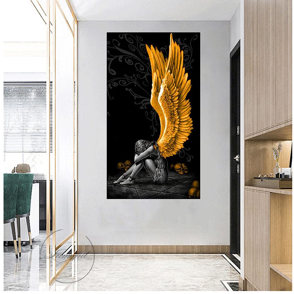 Amazon.co.jp: 悪魔と天使女の子ポスターグレー装飾黄金翼頭蓋骨