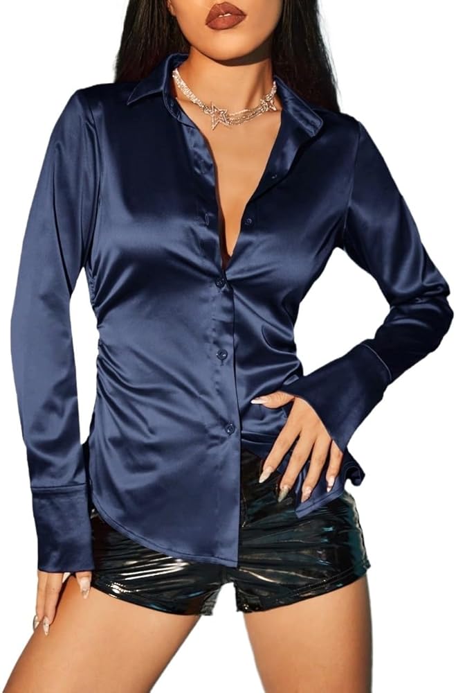 Amazon.com: Wocrolse Blouses for Women Solid Button Front Satin