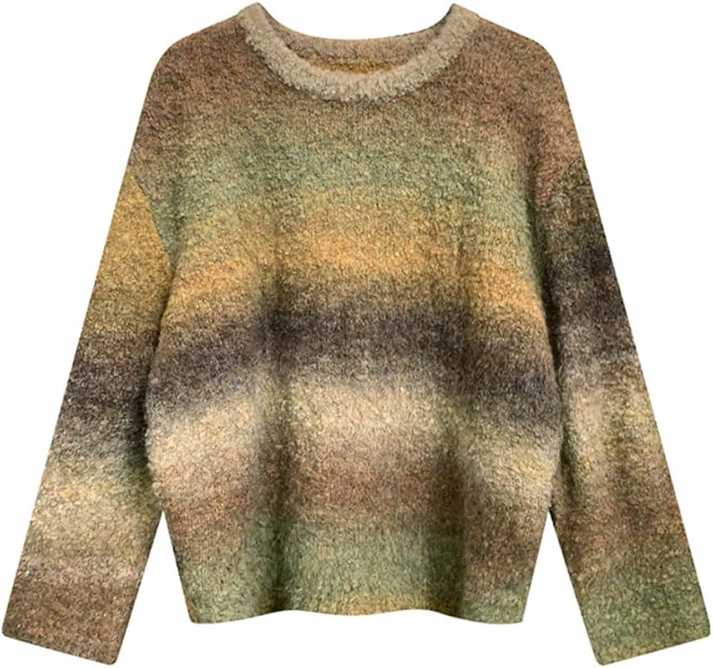 Amazon.com: Women Retro Gradient Striped Knitwear O-Neck Long