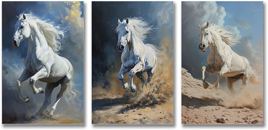 Amazon.co.jp: 3枚 戦場を駆ける白馬 絵画 インテリア ポスター 動物