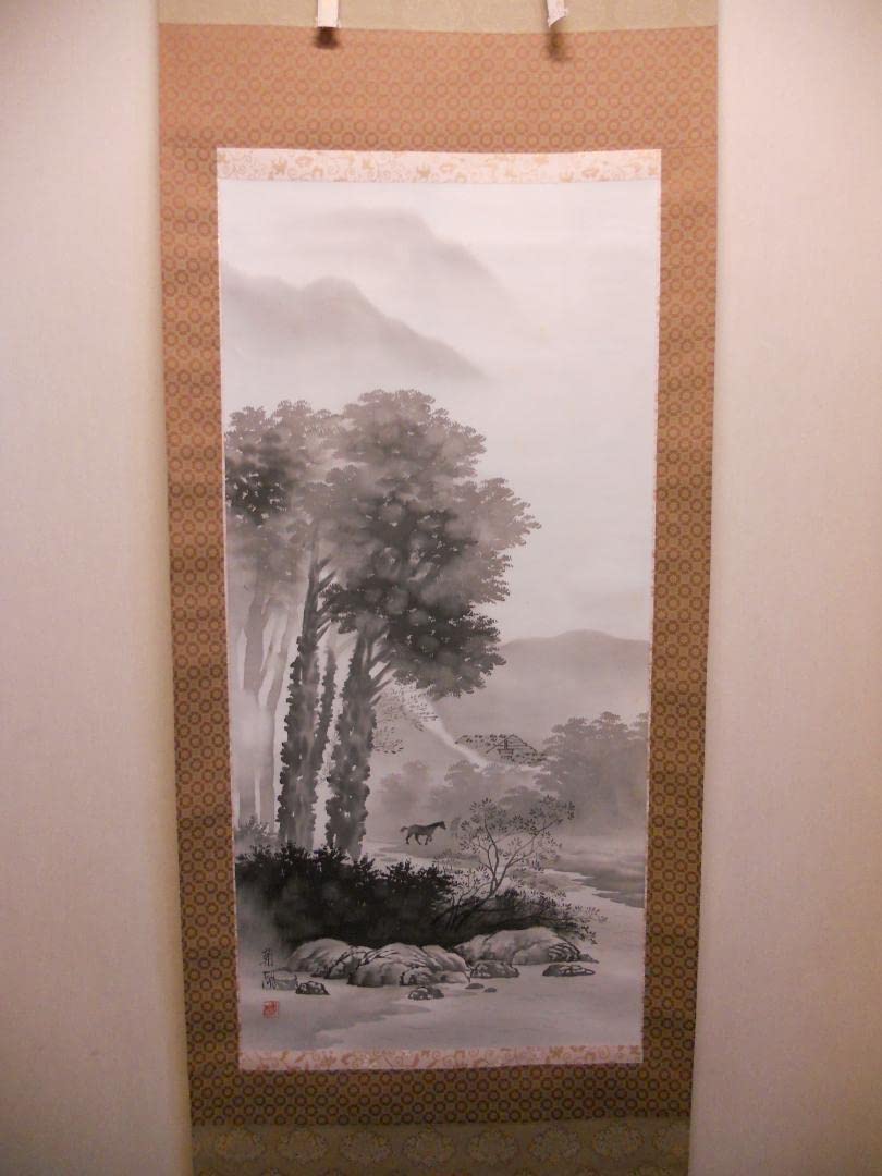 掛け軸 朝湖 渓畔晩涼 水墨画 絹本 希少 軸装 茶道具 掛軸 美品 です。