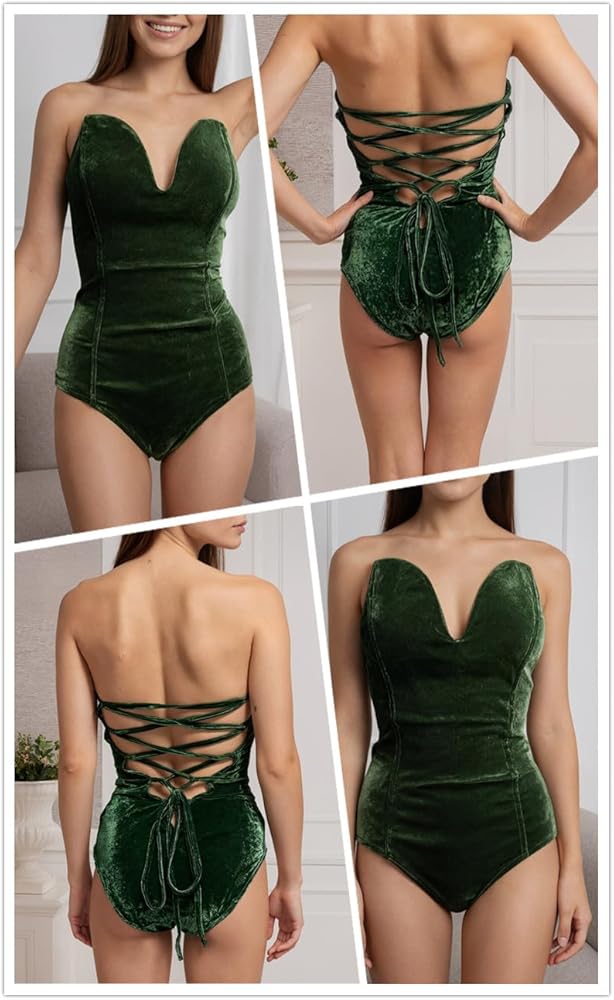 Sorrica Women's Sexy Velvet Sweetheart Neck Bodysuit Bandeau Cross