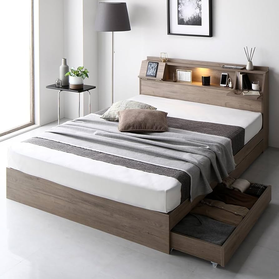 Amazon｜RASIK ベッド ダブル フレームのみ グレージュ フラップ扉