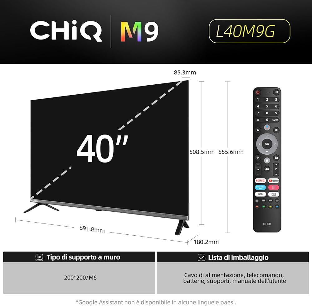 CHiQ TV 40 Pollici (100cm) L40M9G, Smart Televisore, FHD, Google