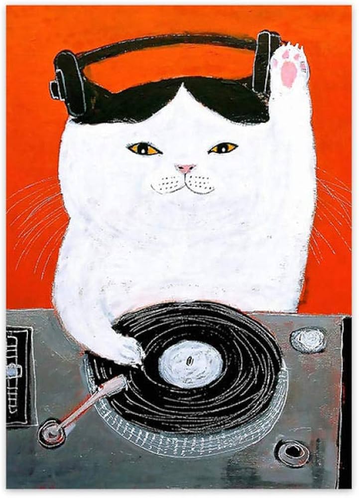 Amazon｜漫画猫ポスター面白いDj猫の壁アートパネル北欧ヴィンテージ