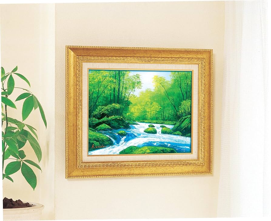 油絵 菅家令子絵 絵画インテリア額付(青緑＋金色の枠)uF6-063304レモン