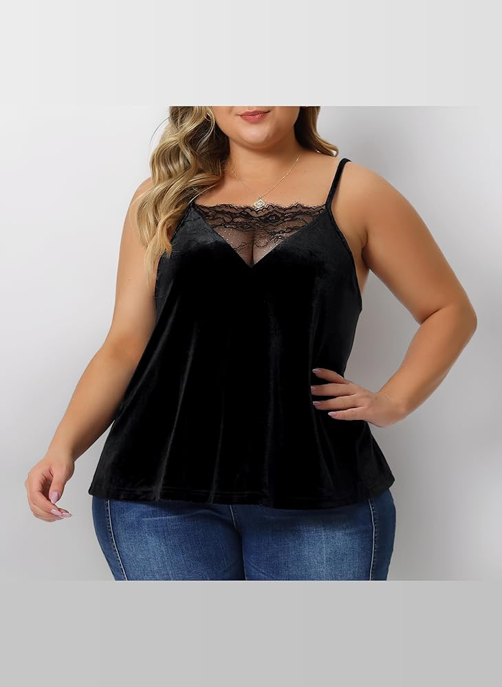 Agnes Orinda Plus Size Sexy Velvet Cami for Women Lace Deep V Neck