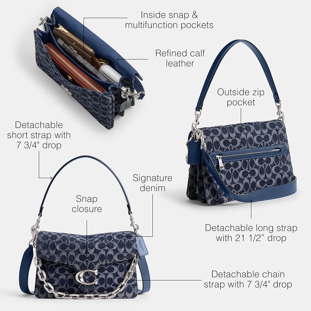 COACH Womens Chain Tabby Shoulder Bag In Signature Denim Deep Blue