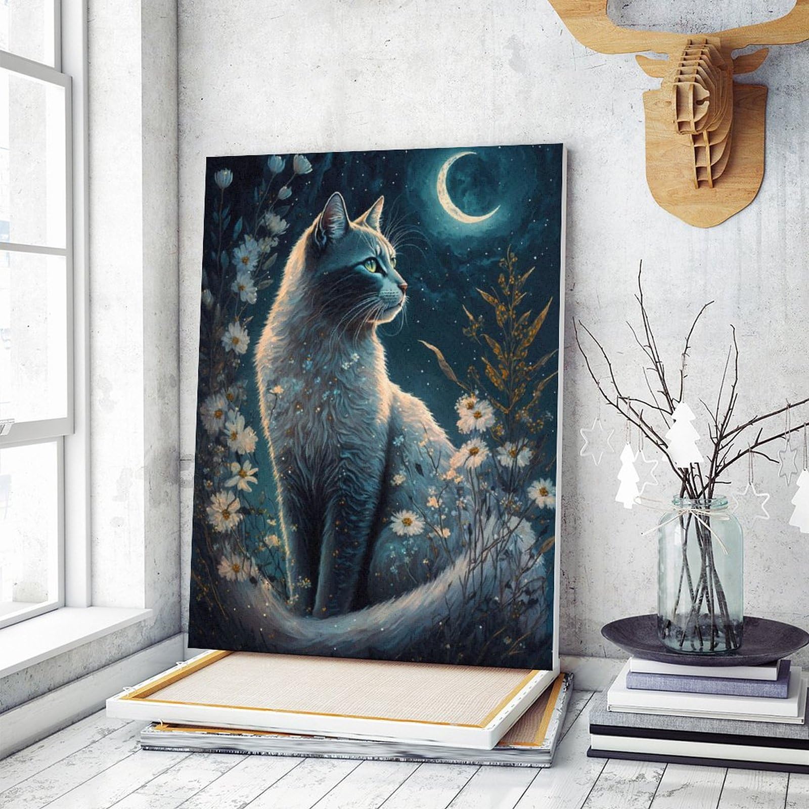 Amazon | 猫と月の夜 数字キットによる絵画 数字油絵 超リアルな動物