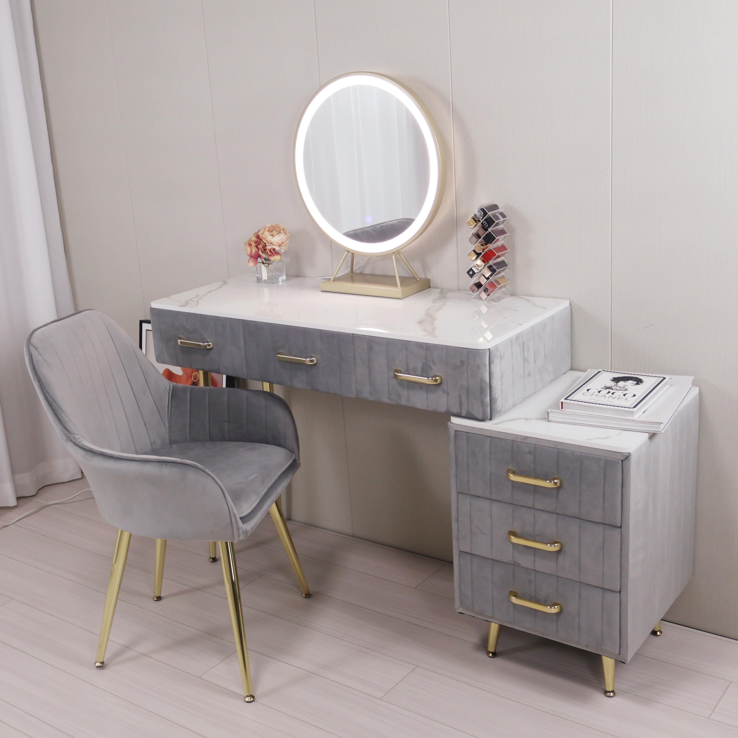 Amazon｜ドレッサー コンパクト お姫系 鏡台 化粧台収納 ベロア椅子
