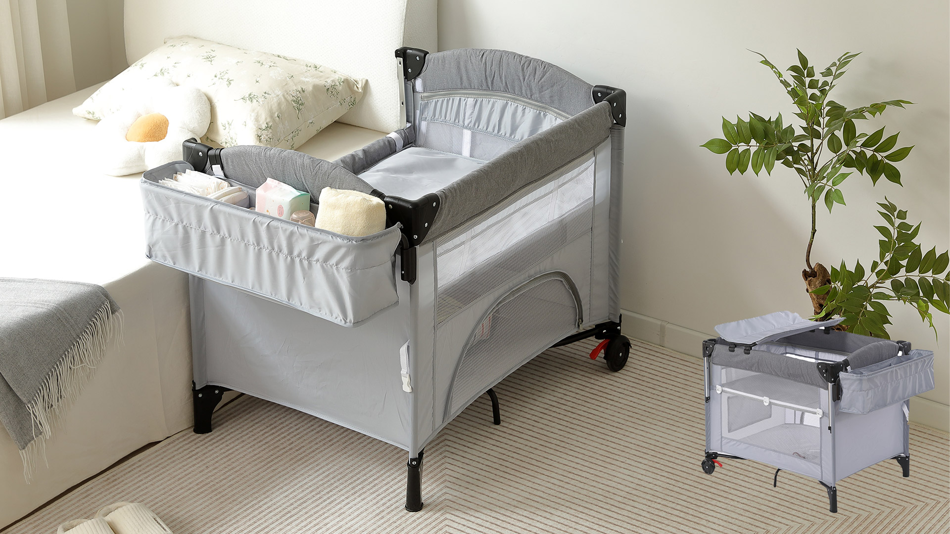 グレー ベビーベッド 折りたたみ式 ️再値下げ️折りたたみ式ベビー