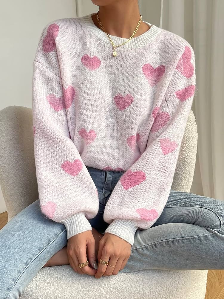 Amazon.com: Neeno Heart Pattern Drop Shoulder Sweater (Color