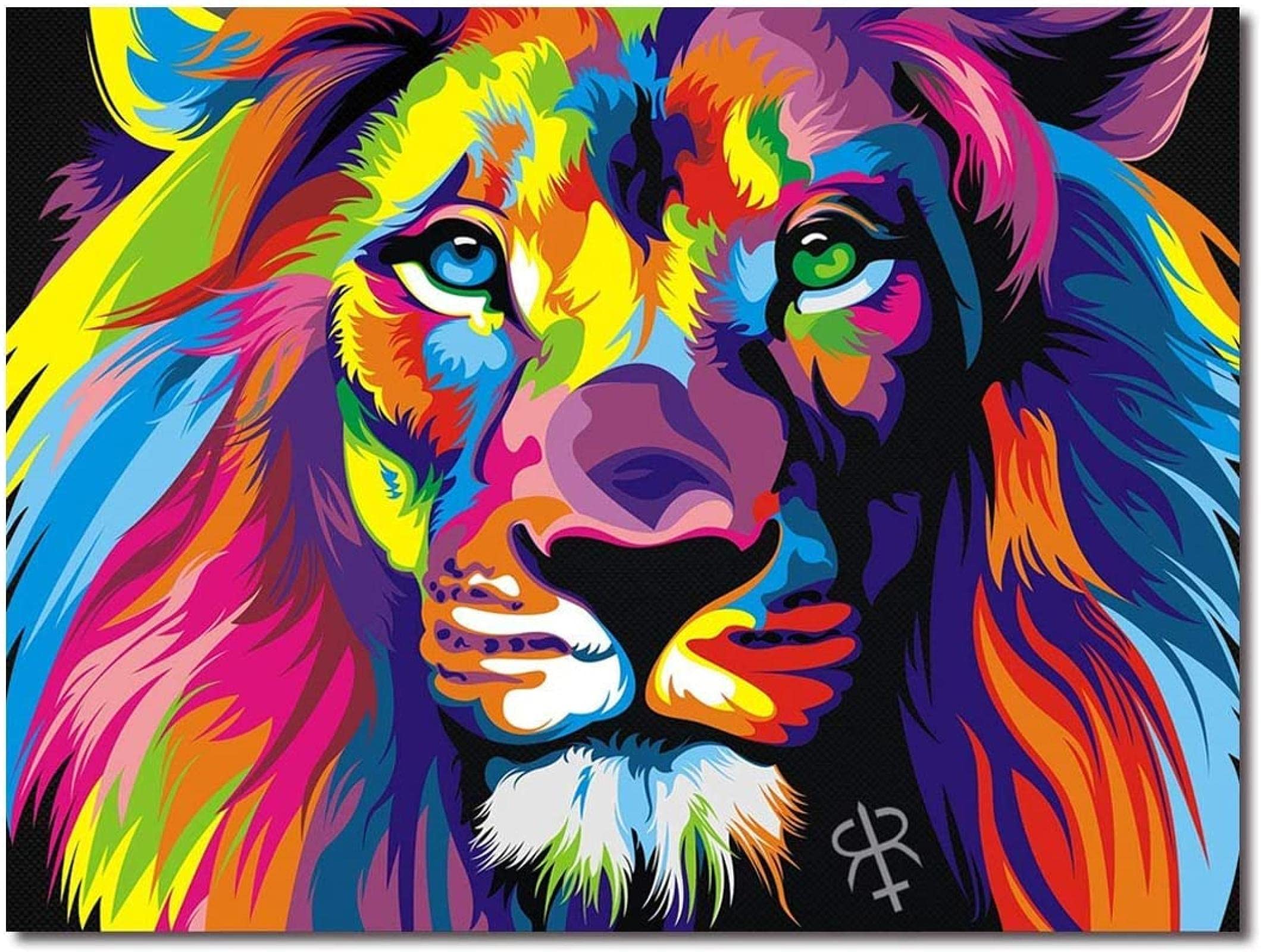 Amazon｜キャンバスプリント抽象的なカラフルな絵画ライオンの絵