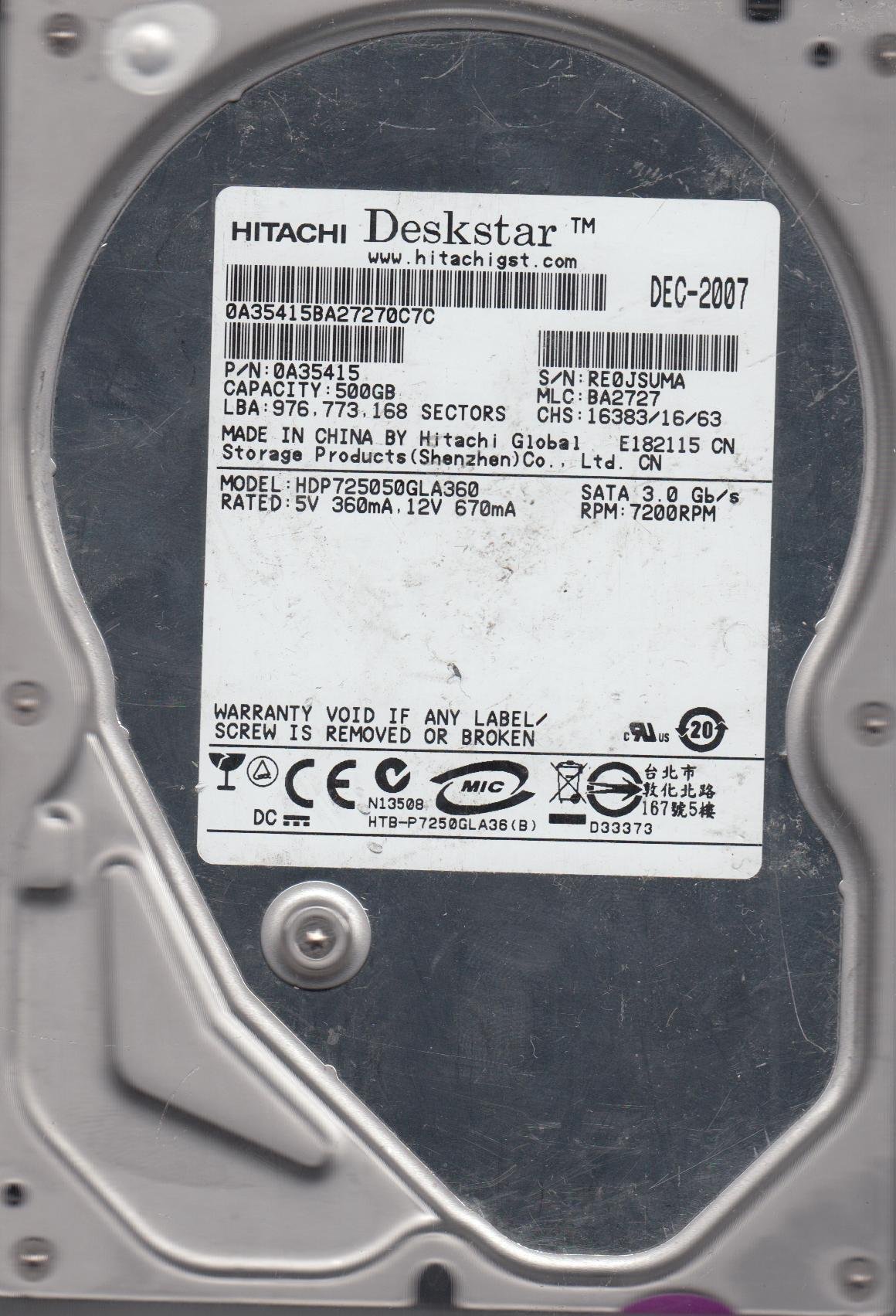Amazon | HDP725050GLA360、PN 0A35415、MLC BA2727、日立 500GB SATA