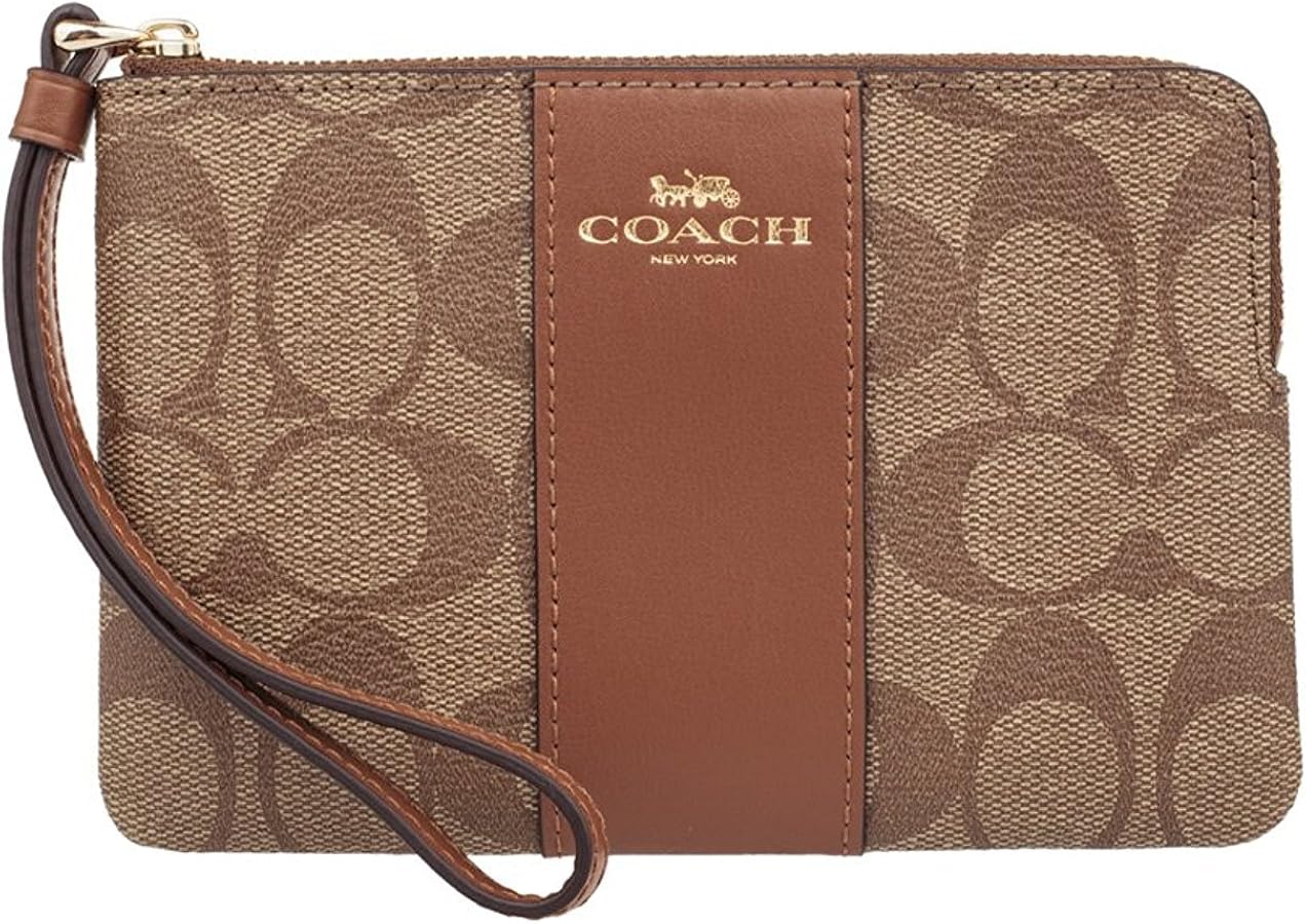 Coach Corner Zip Signature PVC Wristlet, 58035, KHAKI/SADDLE
