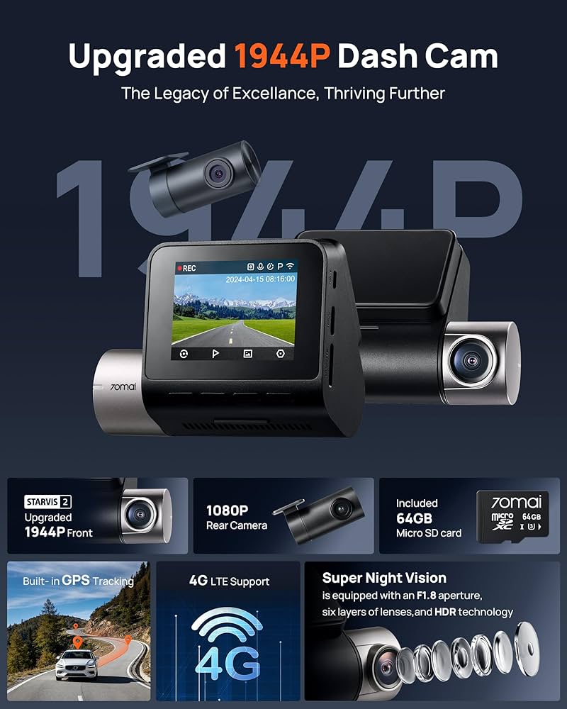 Amazon.com: 70mai Dash Cam Front and Rear A510,1944P+1080P with