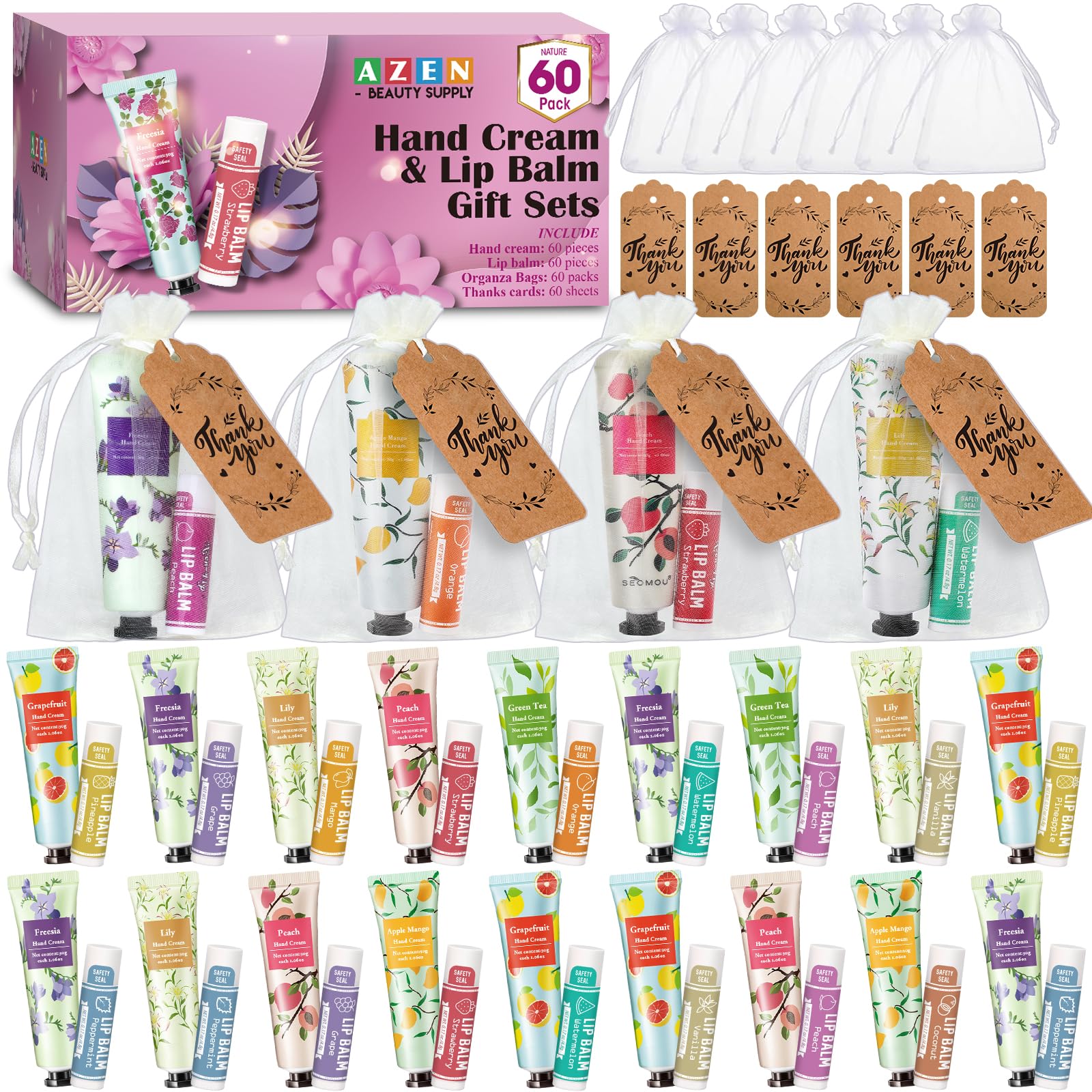 Amazon.com : AZEN 60 Sets Bulk Gifts, Hand Cream and Lip Balm Bulk