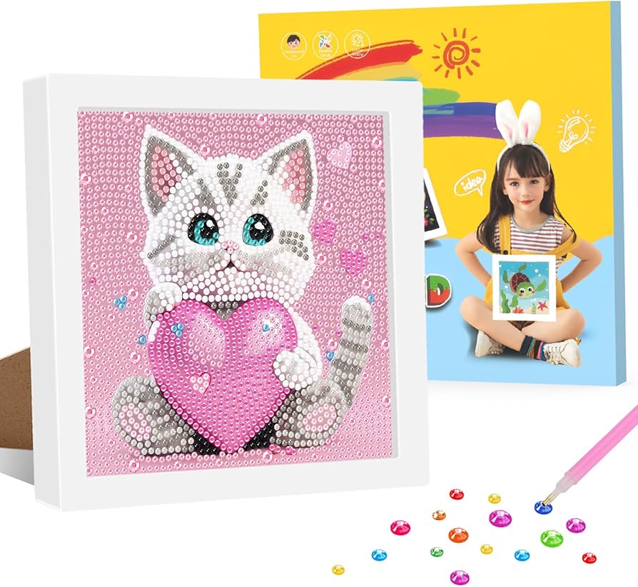 Cat Diamond Art Kits for Kids with Frame, 5D Diamond Painting Kits