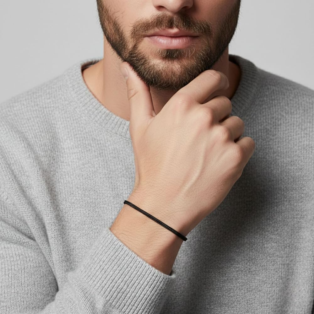 Amazon | Luck Strings 細いブラックコードブレスレット メンズ