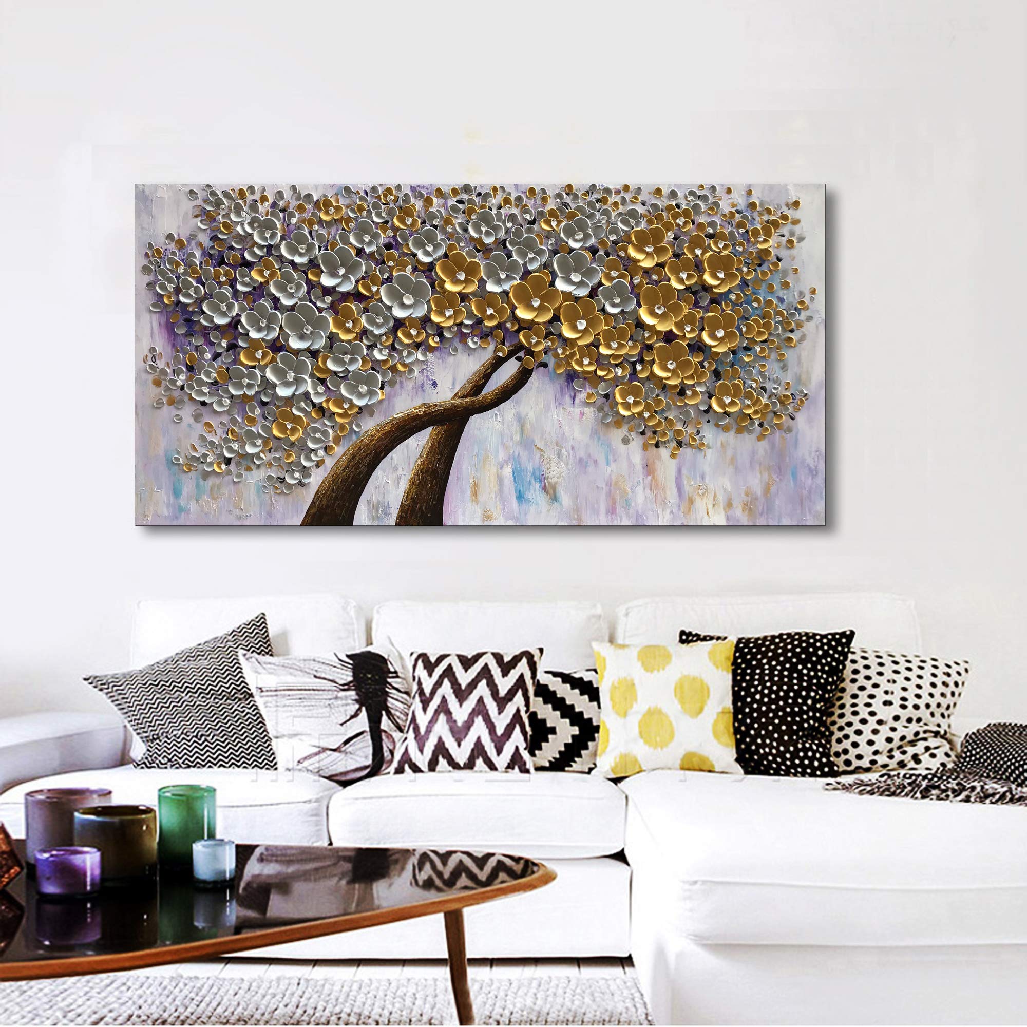 Amazon.co.jp: Diathou 24×48インチ ホワイトゴールド 花 手描き 油絵