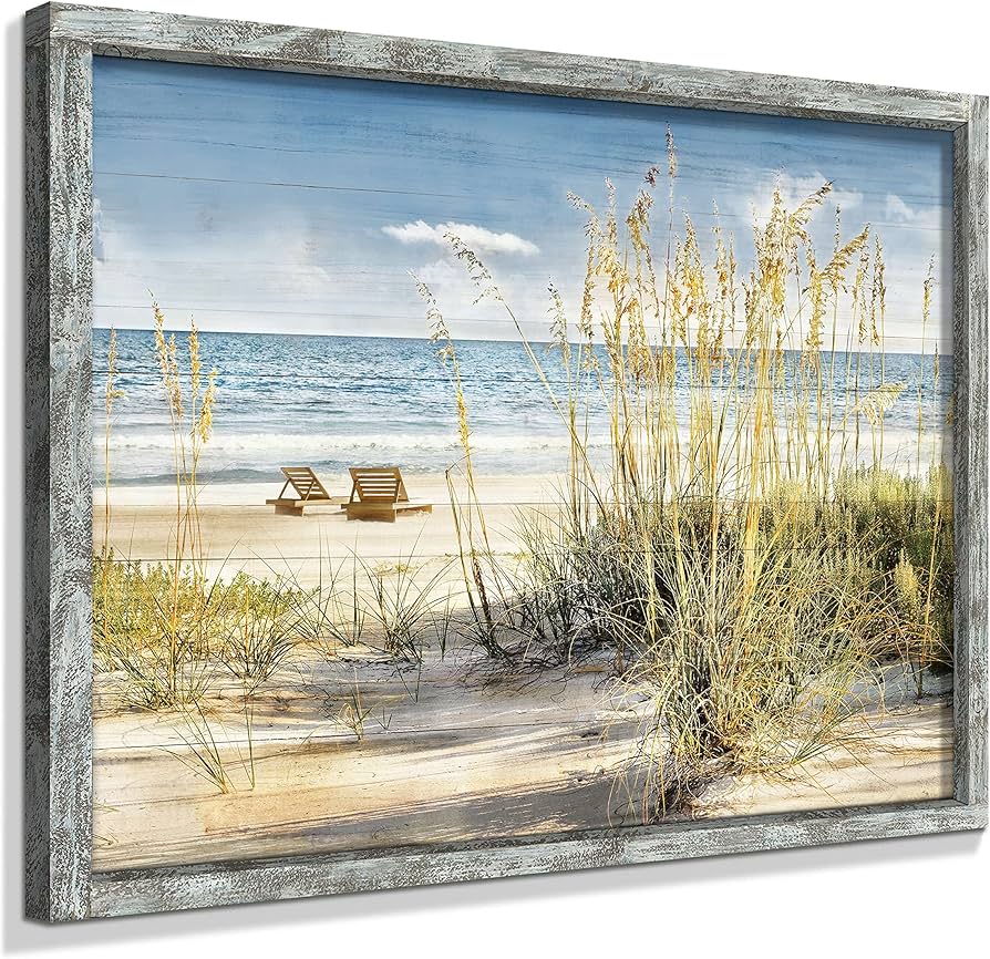Amazon.co.jp: ビーチピクチャー 木製アートワーク フレーム入り:海岸