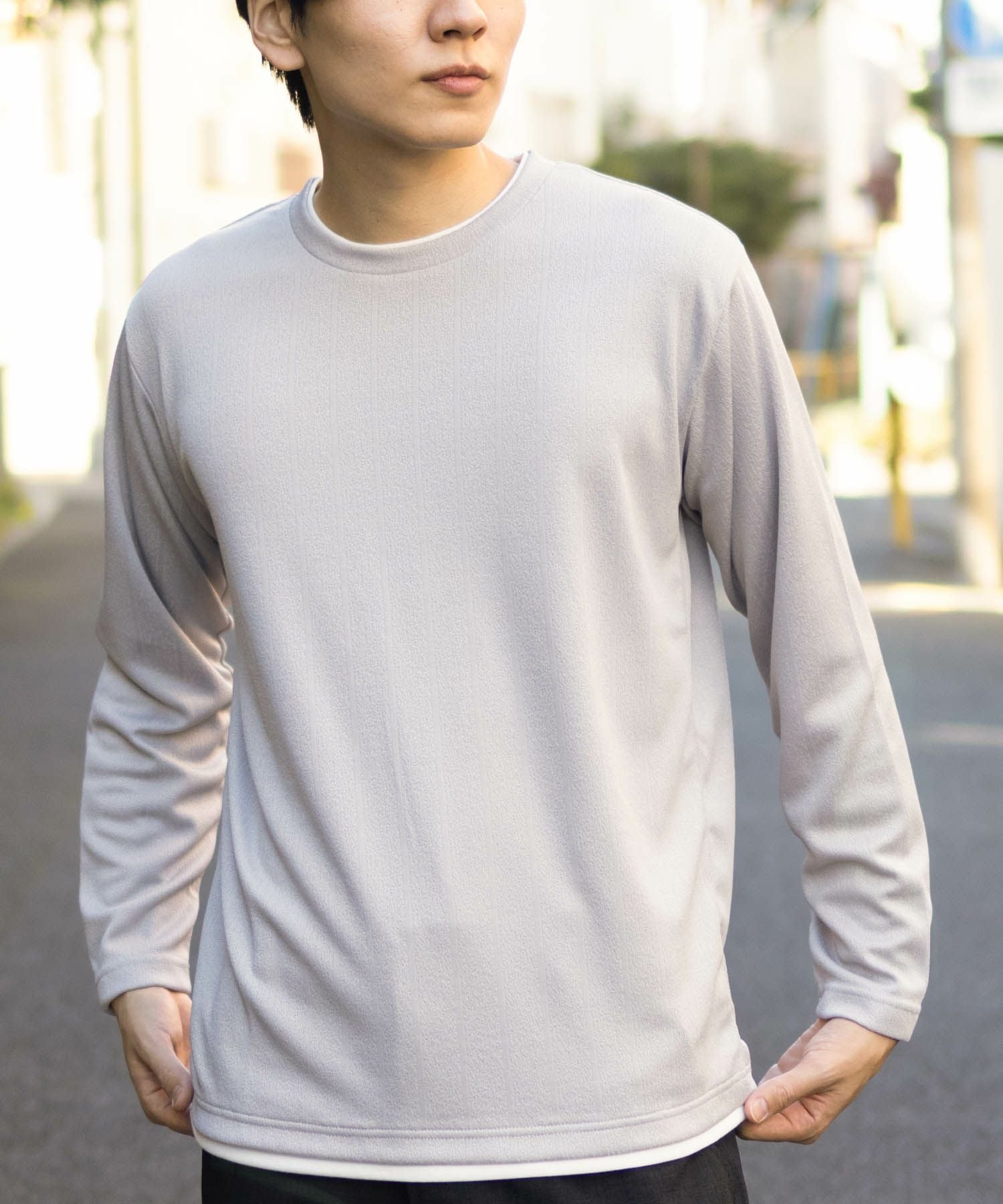 NAVY ストライプフェイクレイヤード長袖Tシャツ メンズ