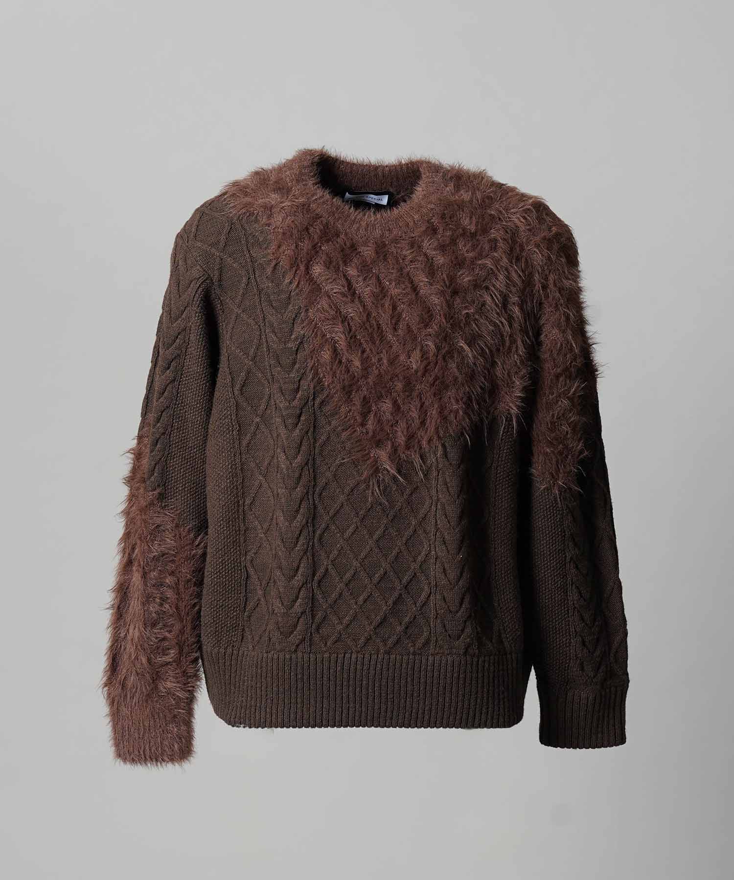Cable Shaggy Mix Prime-Over Crew Neck Knit Pullover