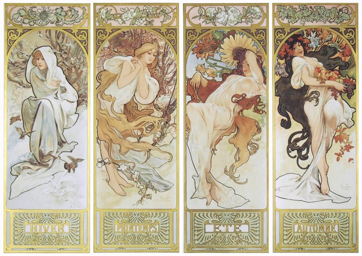 大判 Alphonse Mucha ガラス絵の冬 - 四季 絨毯 額入アート Winter by