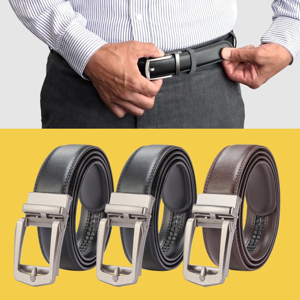 ロング 牛革ラチェット式ベルト 黒2本＋茶1本 合計3本組｜ファミリー