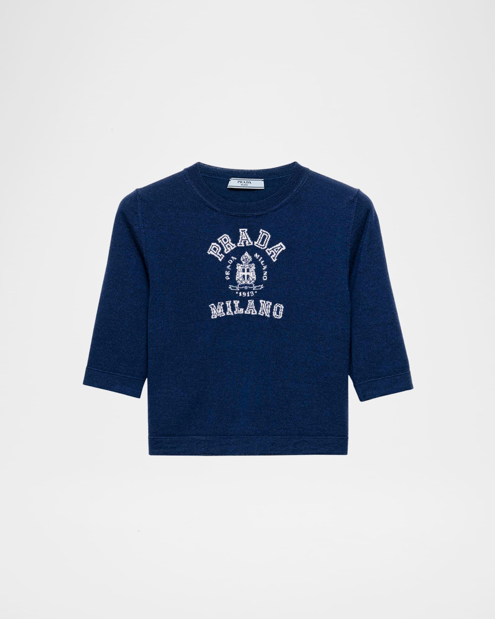 Prada Intarsia Logo Short-Sleeve Cashmere Sweater | Neiman Marcus
