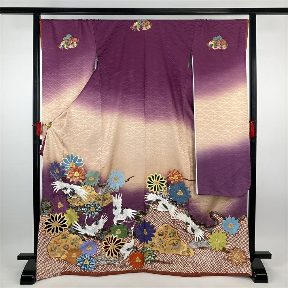 中古）振袖 青 フォーマル 金彩 金駒刺繍 竹 笹 疋田 宝尽くし 袷 M