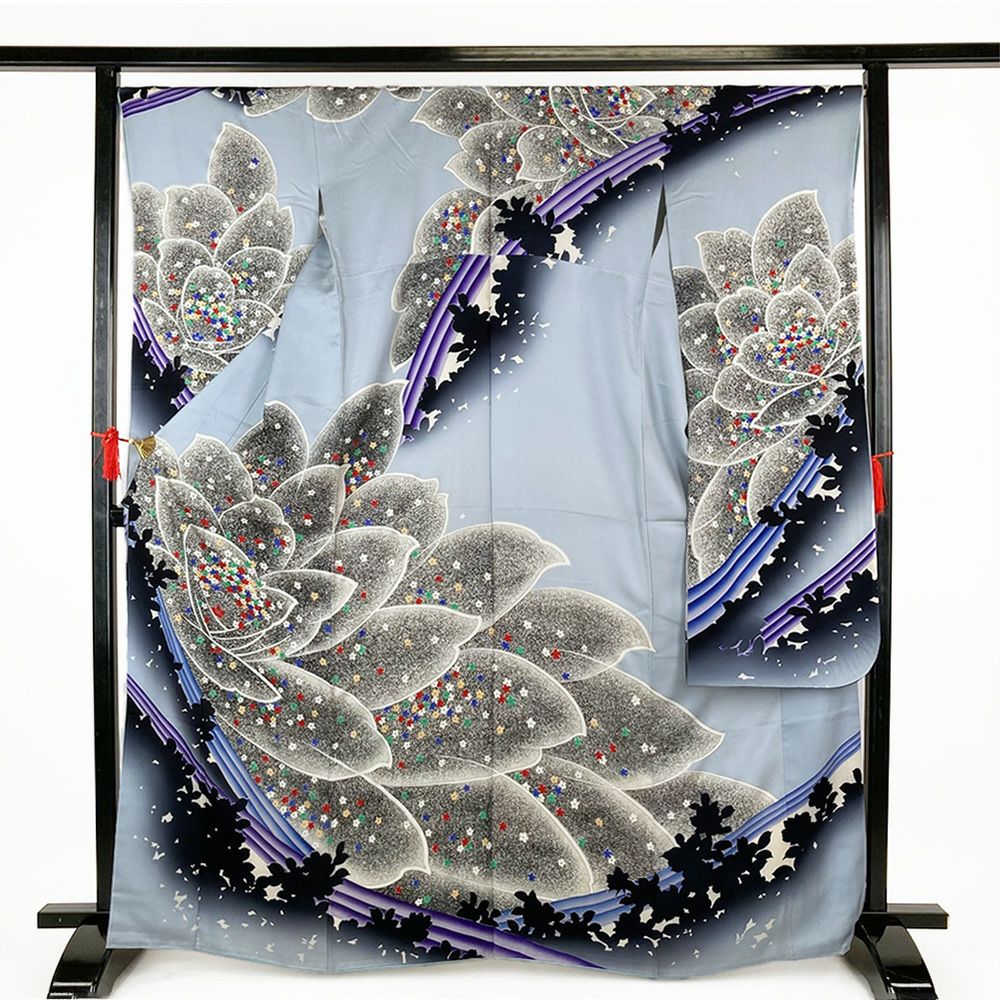 中古）振袖 水色 たたき染め 睡蓮 秋山庄太郎 袷 M【身丈】161.5cm【裄