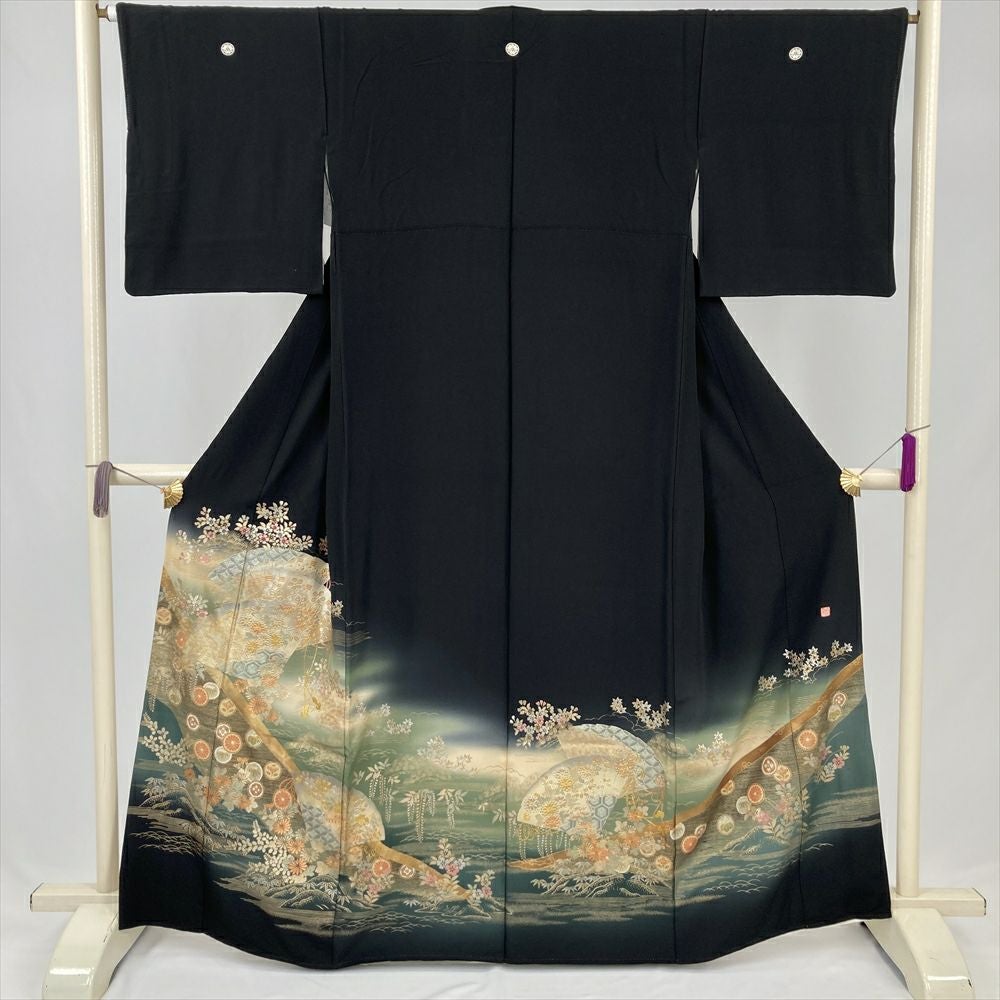 中古）黒留袖 黒 フォーマル 五つ紋 ちりめん 金駒刺繍 金彩 鳥 地紙