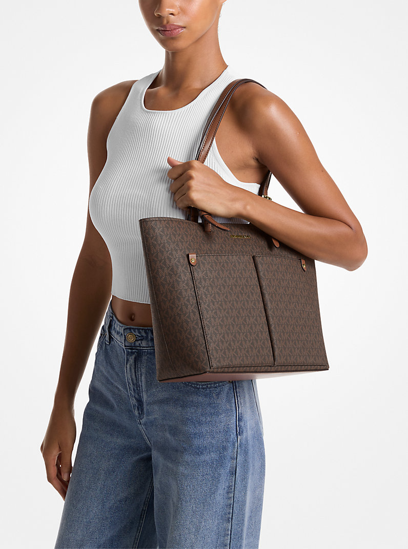 Jet Set Medium Logo Pocket Tote Bag in BROWN - Sale | Michael Kors