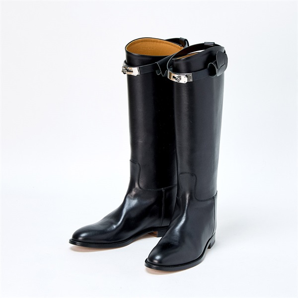 HERMES ジャンピングケリー ブーツ 39 2/1 ブラック シルバー レザー