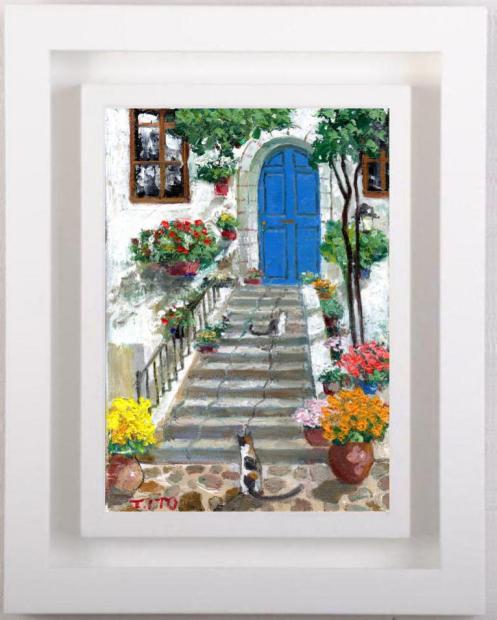 猫の絵画を油絵で描いた伊東拓実の猫の絵「青い扉と猫」をご購入