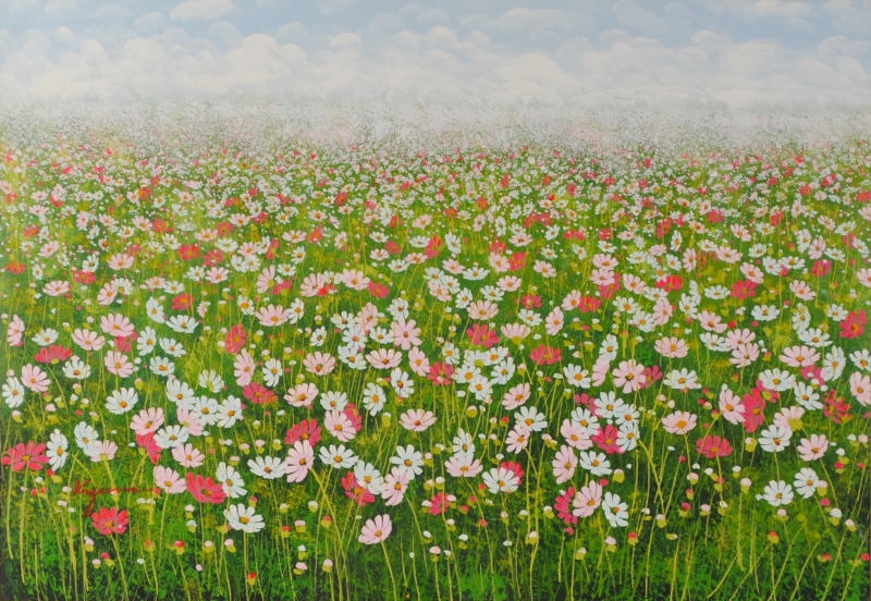 コスモス畑の風景画（油絵肉筆画）975×720 コスモス畑の風景画（