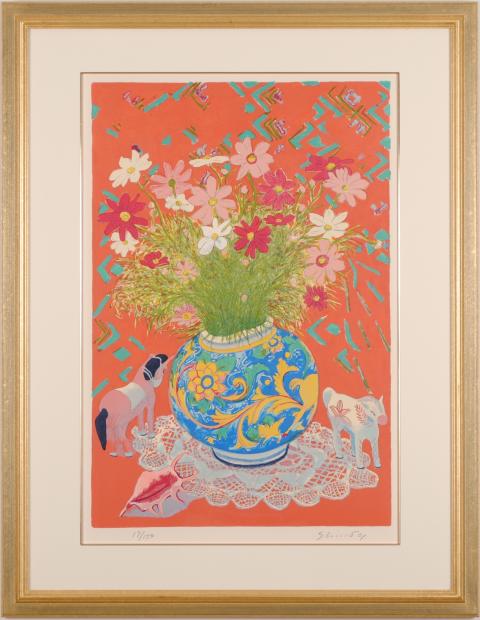 花の絵画をリトグラフの版画で制作した進藤蕃のコスモスの花の絵「秋桜