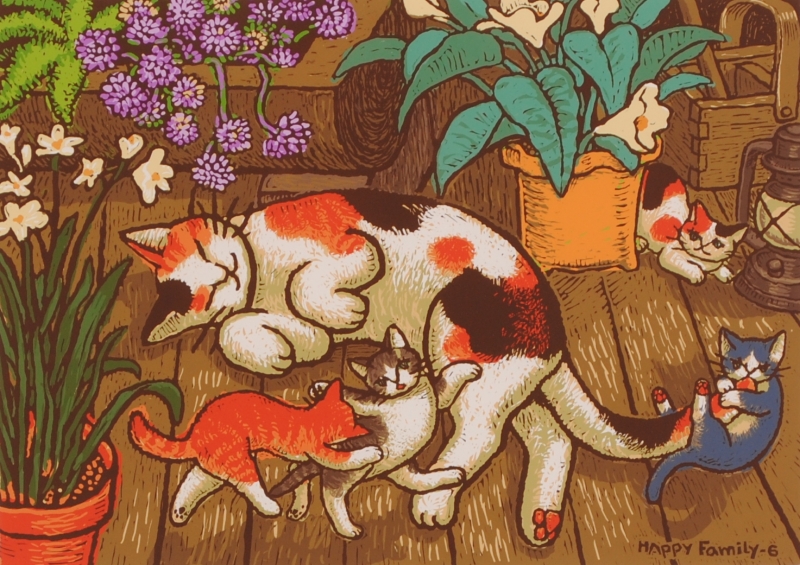 マイケル・ルーのポップアートの猫の絵画「ハッピーファミリー6」を