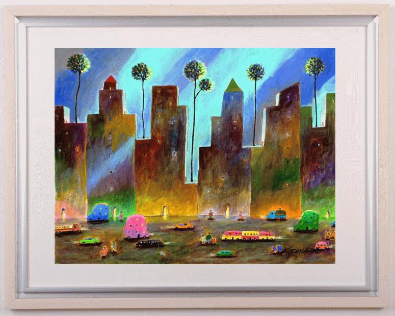 絵画のアクリル画で田原健二が描いた絵「夜の街」を通販で販売