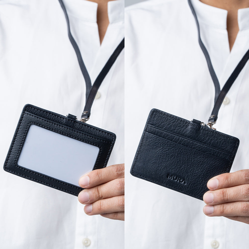 牛本革 ネックストラップ付 伸縮リール IDカードケース – MURA-ムラ