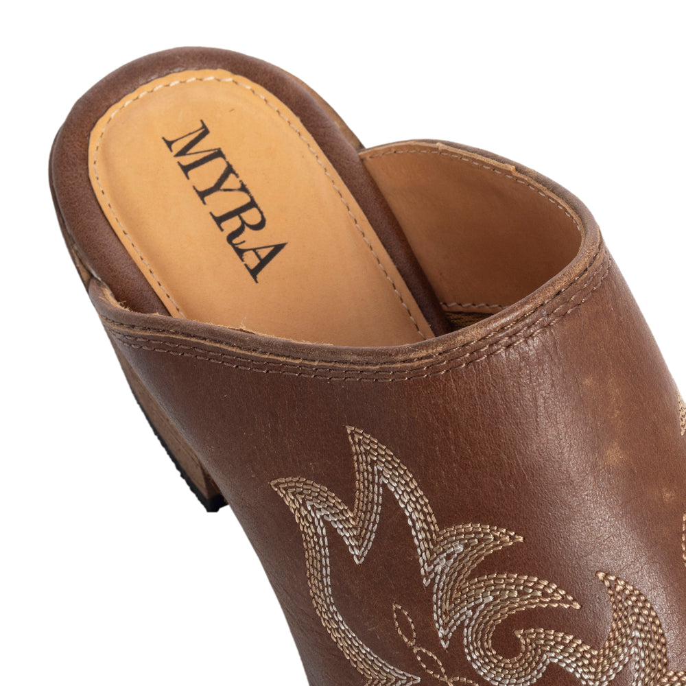 Myra Ximena Ranch Brown Embroidered Mules for Women â€“ Pointed