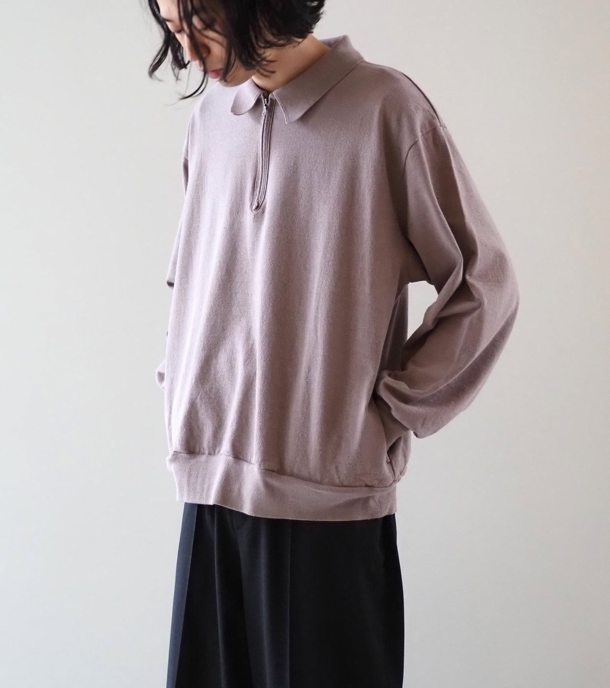 Blurhms コットン シルクネップ ハーフ ジップ シャツ, Rose Grey