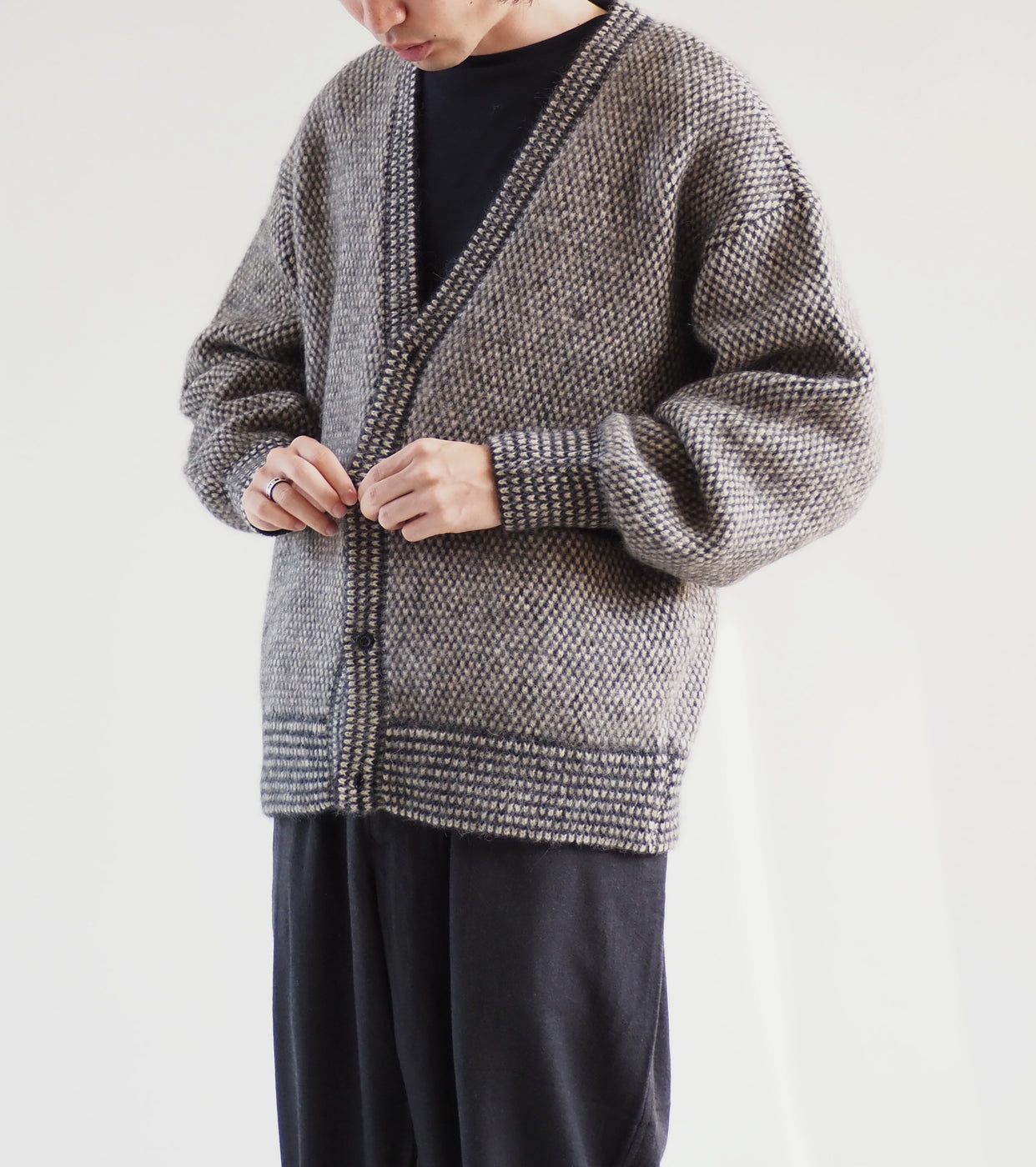 blurhms Alpaca Bird's-eye Knit Cardigan,Black Ecru – Navyblue