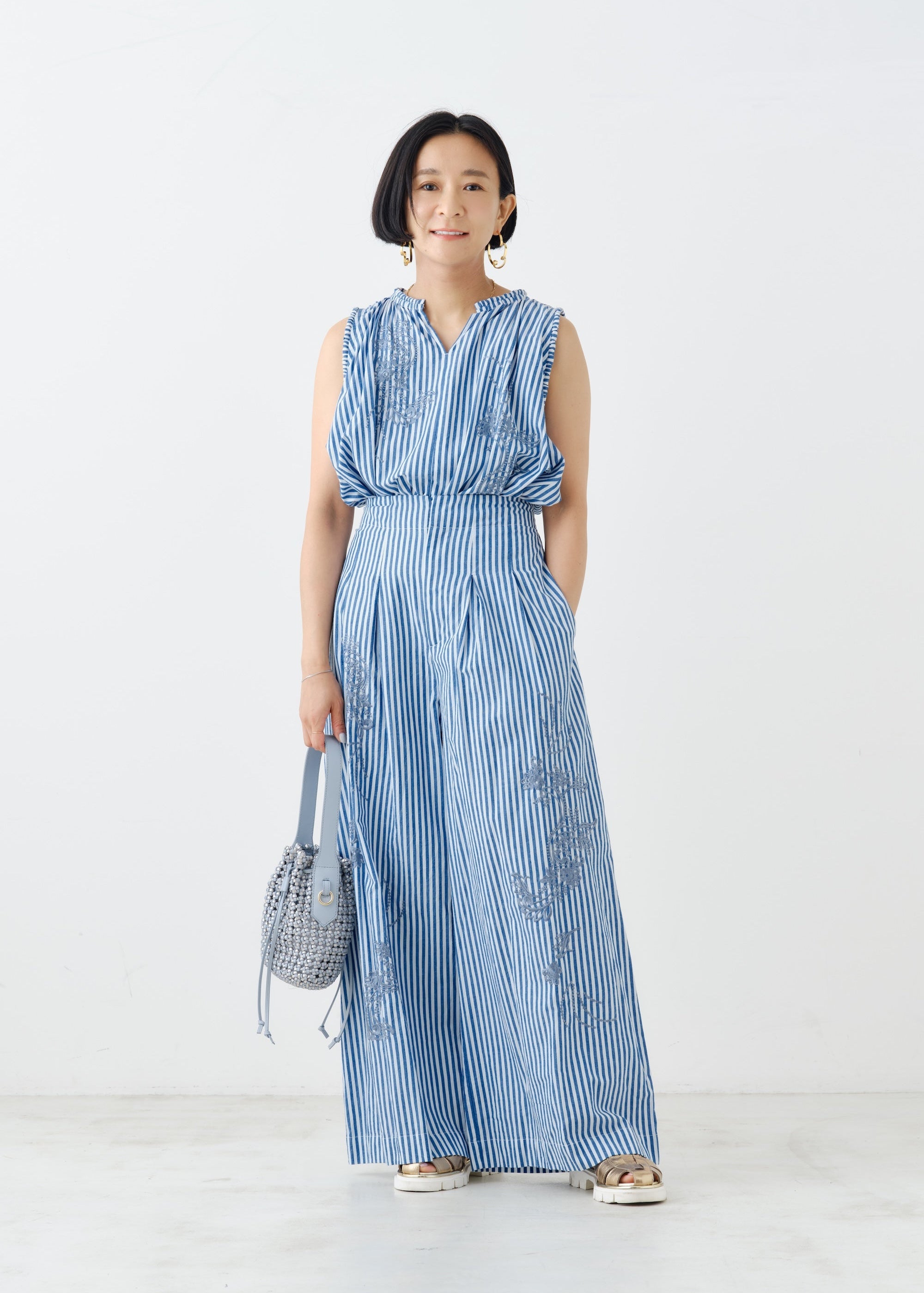 Cotton Stripe Ivy Flower Embroidery Pants | Pasand by ne Quittez