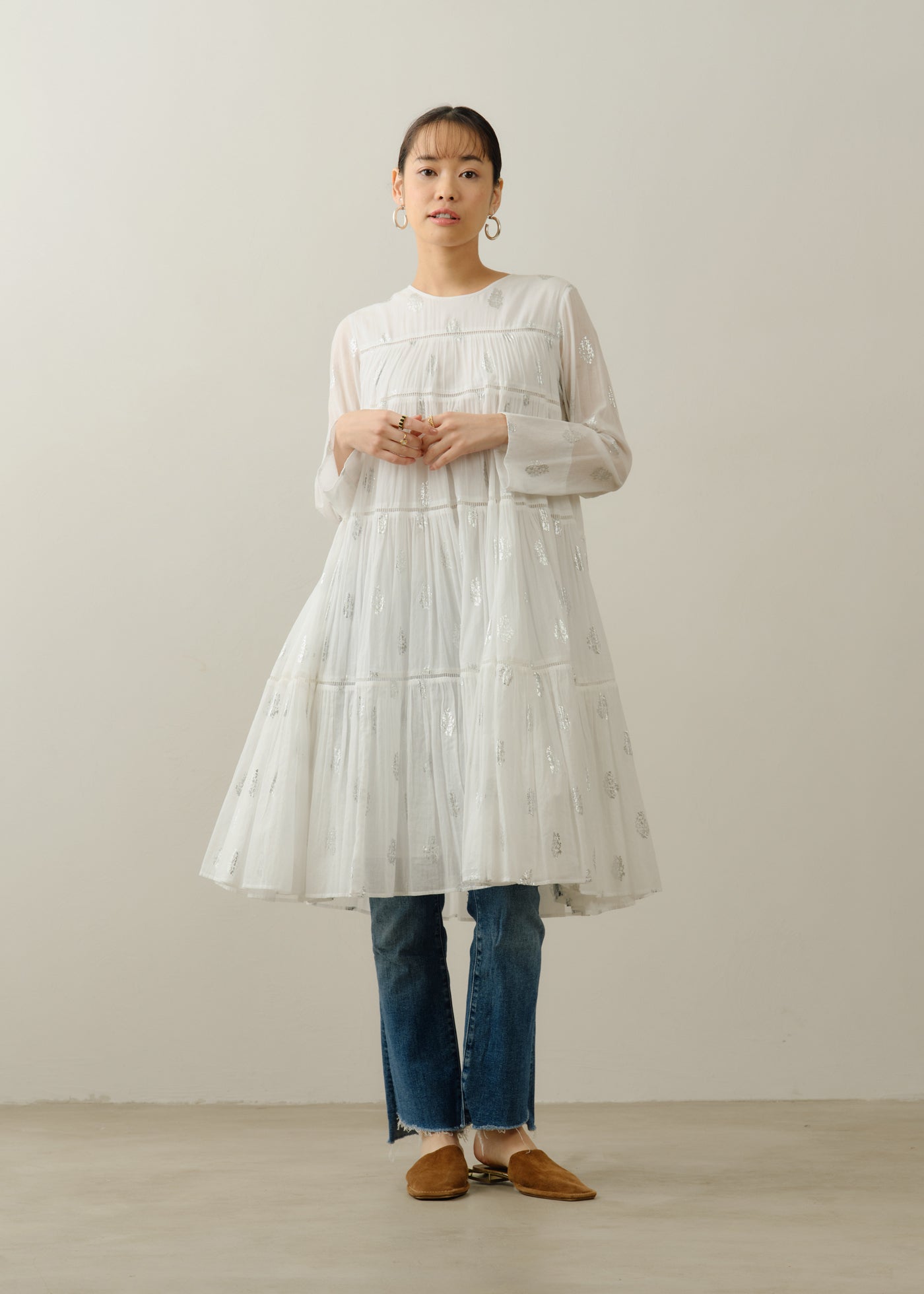 Cotton Voile Foil Flower Print Tiered Middle Length Dress | Pasand